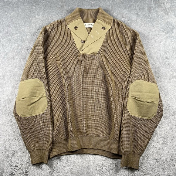 Orvis Other - Orvis Sweater Mens Size L Tan Military Commando Shawl Collar Button Elbow Patch